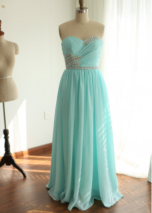 Blue Strapless Ruching Chiffon Beaded Long Prom Dress
